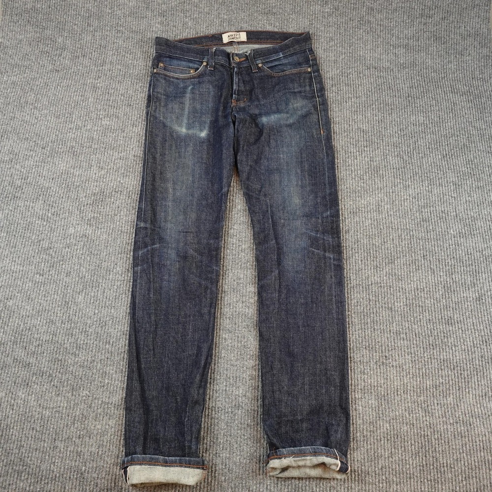 Naked & Famous Jeans Selvedge Mens 32x33 Blue Slim Straight Distressed Denim